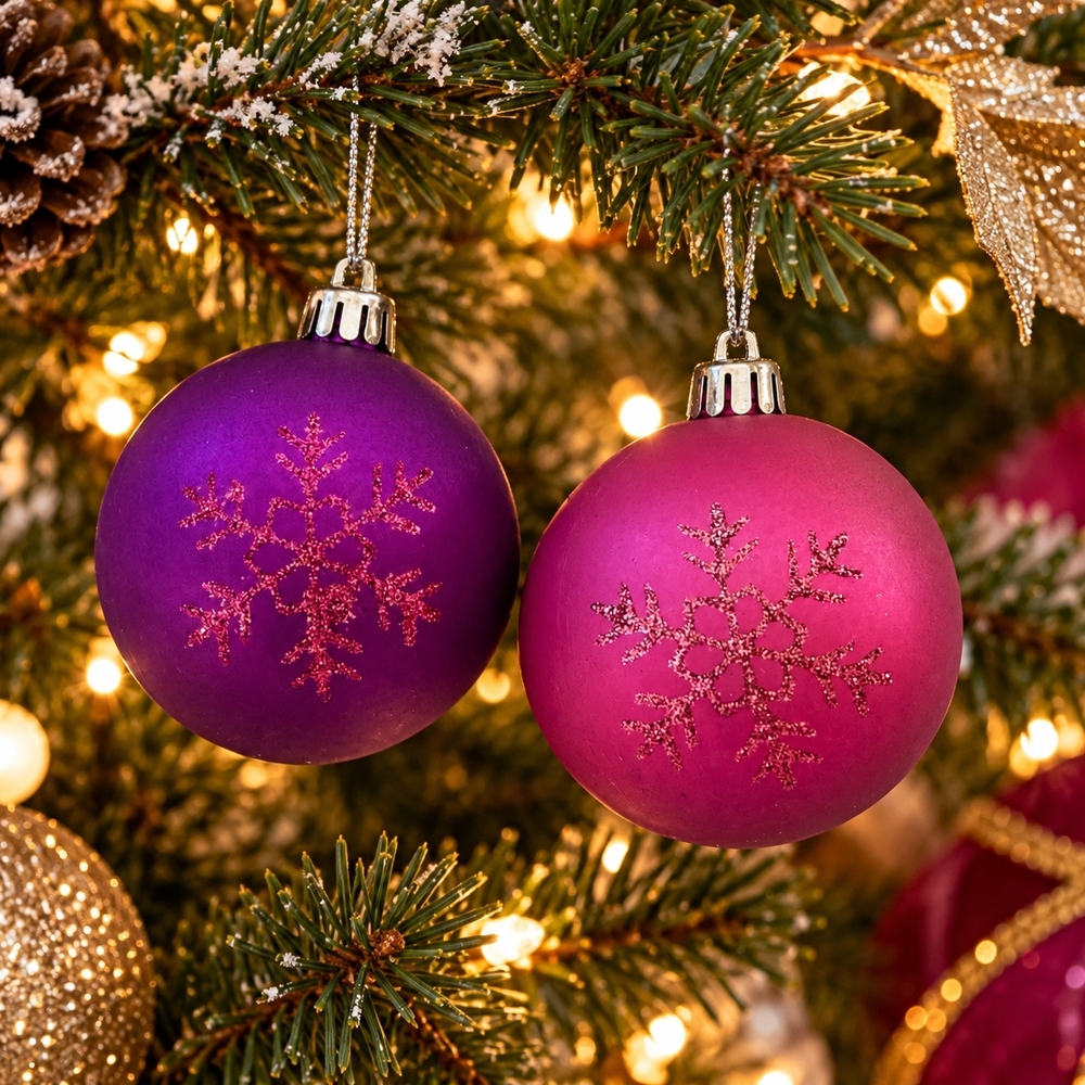 Pair Purple & Pink Snowflake Ball Ornaments Christmas Holiday Decor